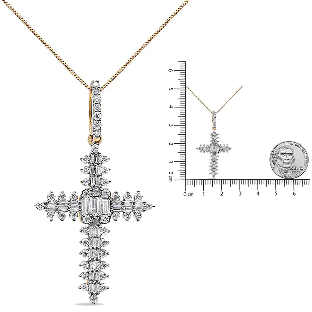 10K Yellow Gold 7/8 Cttw Round & Baguette Diamond Zigzag Pattern Cross Pendant Necklace (H - I Color, SI2 - I1 Clarity) - NO CHAIN INCLUDED - Jaazi Intl