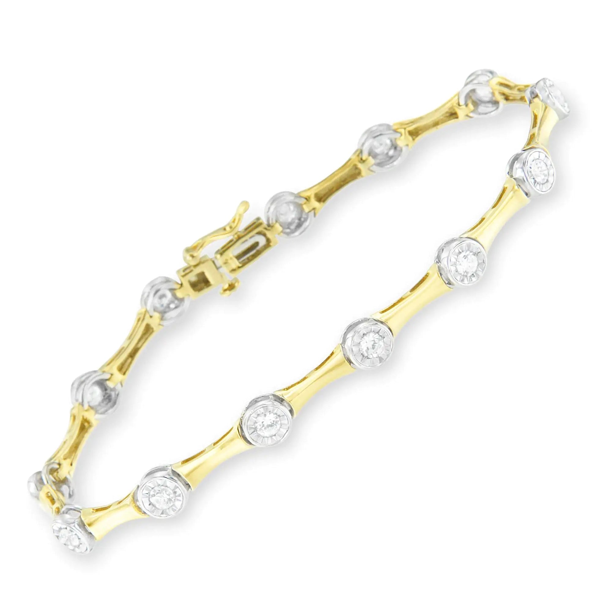 10K Yellow Gold Flashed .925 Sterling Silver 1.0 Cttw Miracle Set Round - Cut Diamond Bezel Style Link Bracelet (I - J Color, I1 - I2 Clarity) - 7" - Jaazi Intl