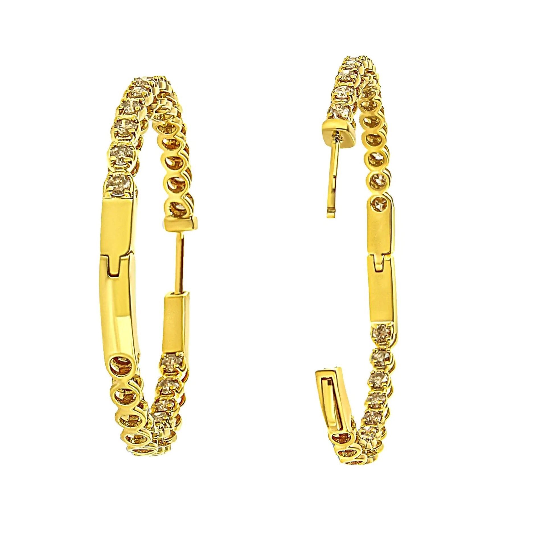 10K Yellow Gold Plated .925 Sterling Silver 3.00 Cttw Round Stone Champagne Diamond Inside - Out Hoop Earrings (Champagne Color, I1 - I2 Clarity) - Jaazi Intl