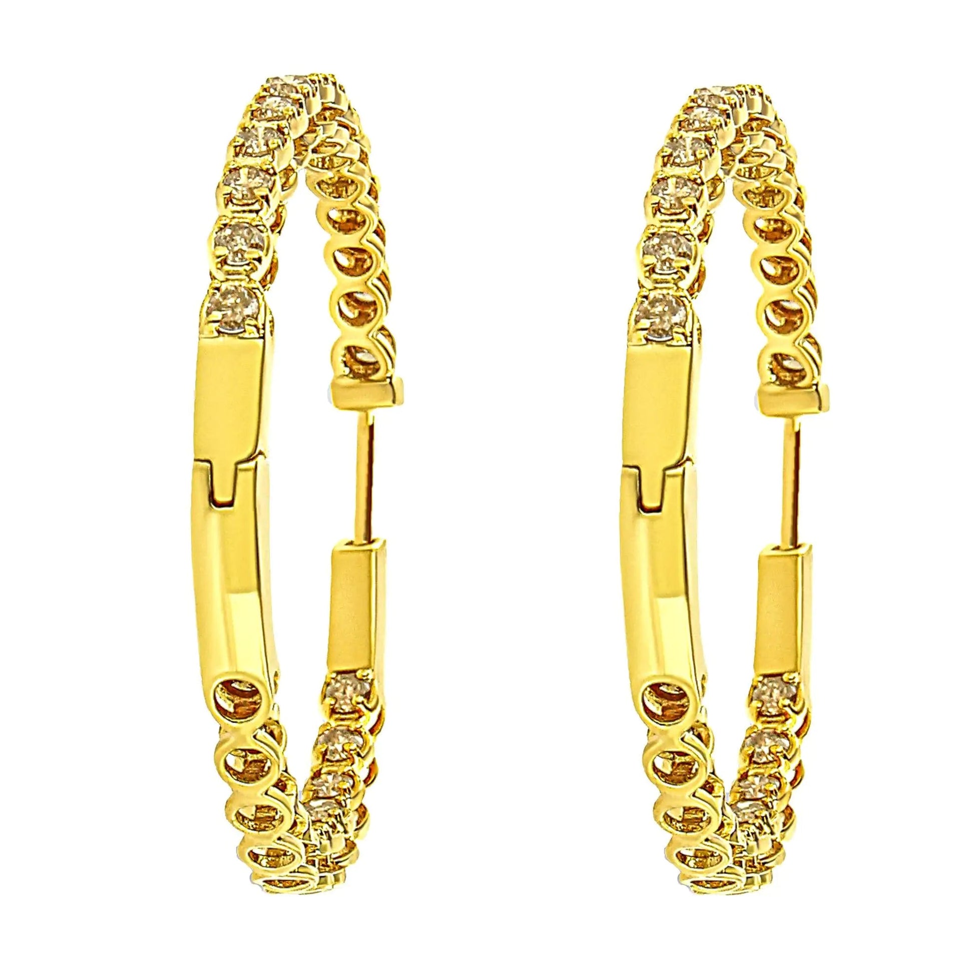 10K Yellow Gold Plated .925 Sterling Silver 3.00 Cttw Round Stone Champagne Diamond Inside - Out Hoop Earrings (Champagne Color, I1 - I2 Clarity) - Jaazi Intl