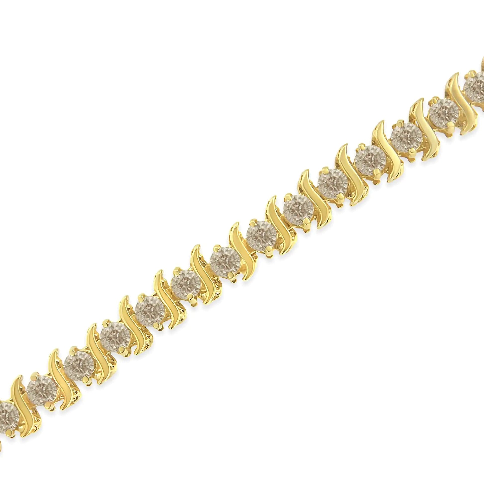 10K Yellow Gold Plated .925 Sterling Silver 7.0 cttw 2 - Prong Set Round Brilliant Cut Diamond "S" Link Bracelet (J - K color, I1 - I2 clarity) - 7" - Jaazi Intl