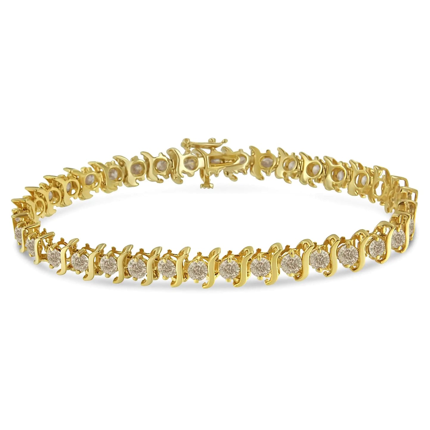 10K Yellow Gold Plated .925 Sterling Silver 7.0 cttw 2 - Prong Set Round Brilliant Cut Diamond "S" Link Bracelet (J - K color, I1 - I2 clarity) - 7" - Jaazi Intl