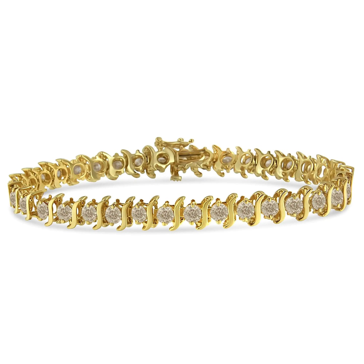 10K Yellow Gold Plated .925 Sterling Silver 7.0 cttw 2 - Prong Set Round Brilliant Cut Diamond "S" Link Bracelet (J - K color, I1 - I2 clarity) - 7" - Jaazi Intl