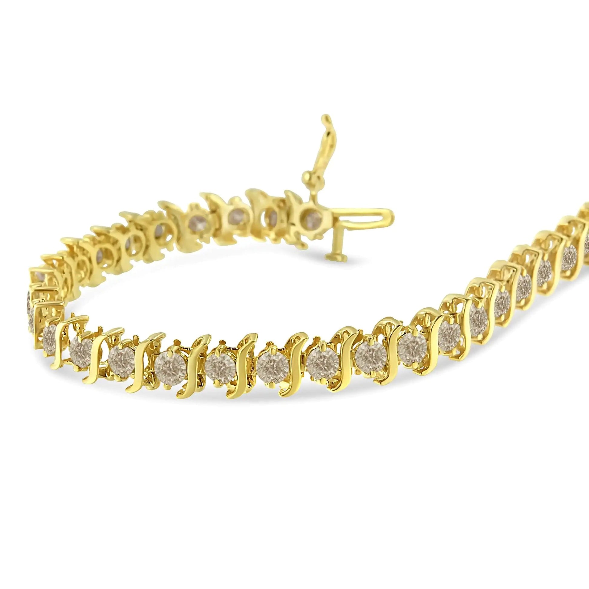 10K Yellow Gold Plated .925 Sterling Silver 7.0 cttw 2 - Prong Set Round Brilliant Cut Diamond "S" Link Bracelet (J - K color, I1 - I2 clarity) - 7" - Jaazi Intl