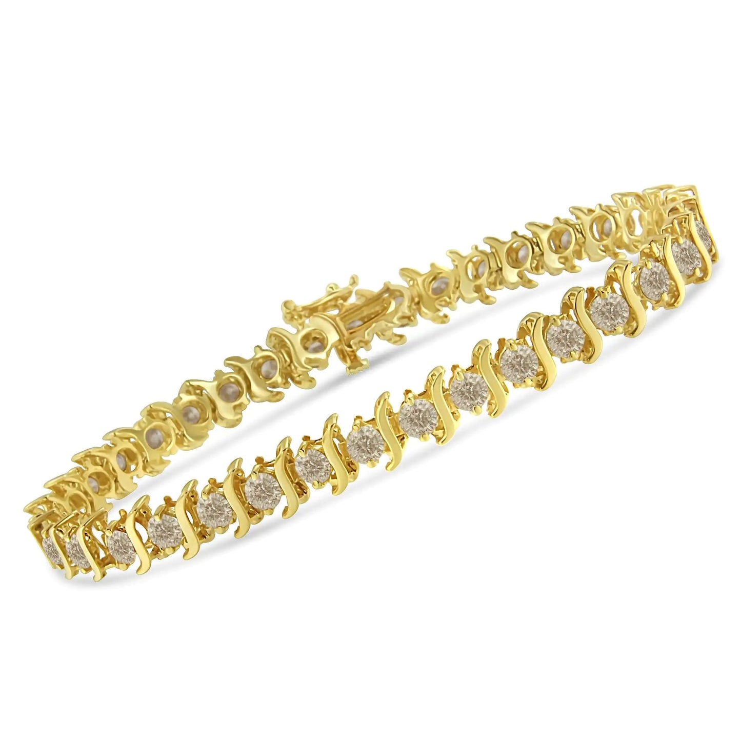 10K Yellow Gold Plated .925 Sterling Silver 7.0 cttw 2 - Prong Set Round Brilliant Cut Diamond "S" Link Bracelet (J - K color, I1 - I2 clarity) - 7" - Jaazi Intl