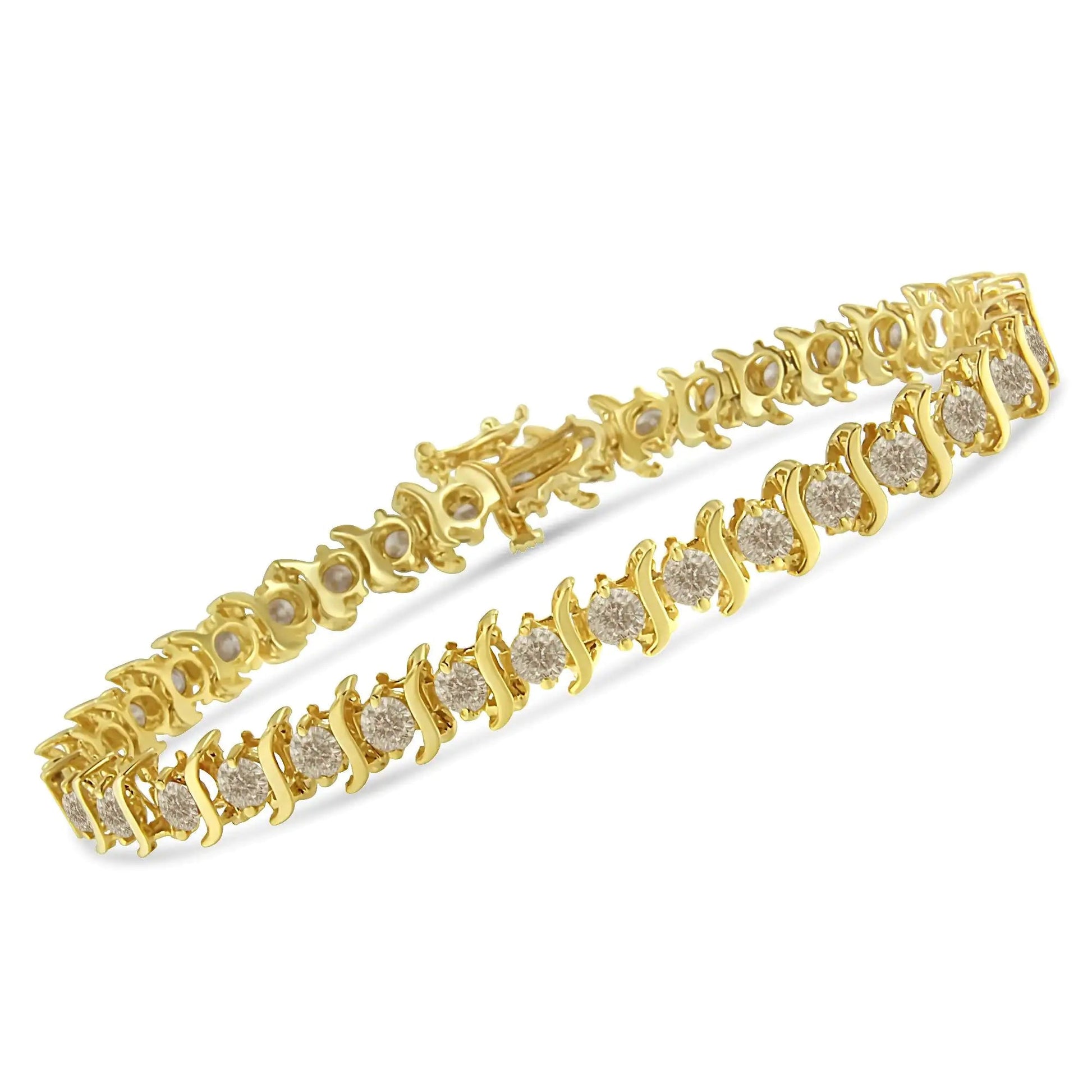 10K Yellow Gold Plated .925 Sterling Silver 7.0 cttw 2 - Prong Set Round Brilliant Cut Diamond "S" Link Bracelet (J - K color, I1 - I2 clarity) - 7" - Jaazi Intl