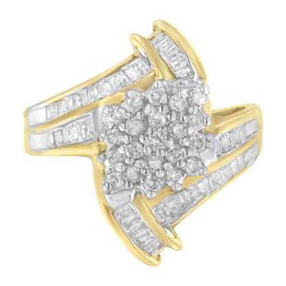 10K Yellow Gold Round and Baguette - Cut Diamond Bypass Cluster Ring (1.0 Cttw, I - J Color, I1 - I2 Clarity) - Jaazi Intl