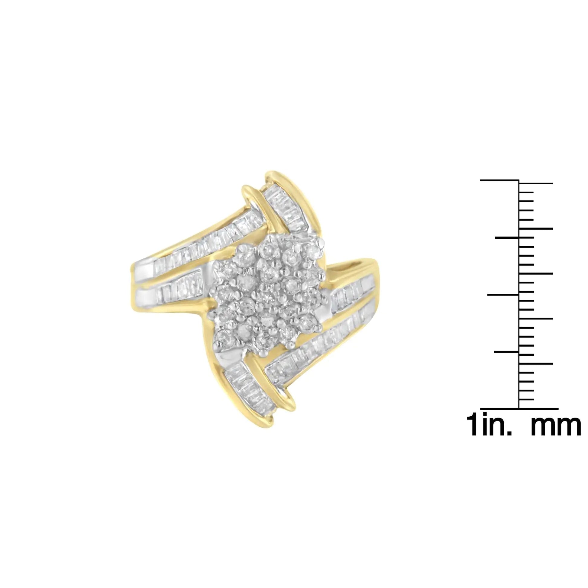 10K Yellow Gold Round and Baguette - Cut Diamond Bypass Cluster Ring (1.0 Cttw, I - J Color, I1 - I2 Clarity) - Jaazi Intl