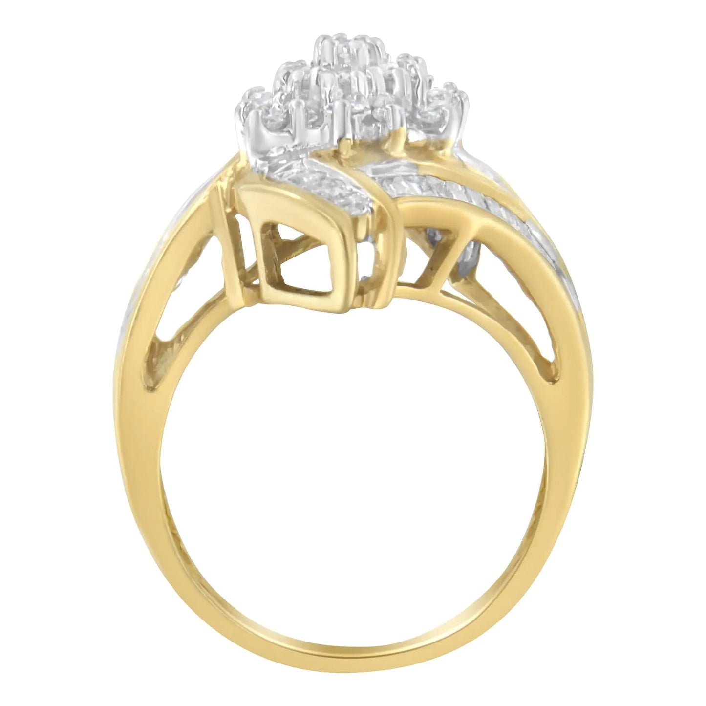 10K Yellow Gold Round and Baguette - Cut Diamond Bypass Cluster Ring (1.0 Cttw, I - J Color, I1 - I2 Clarity) - Jaazi Intl