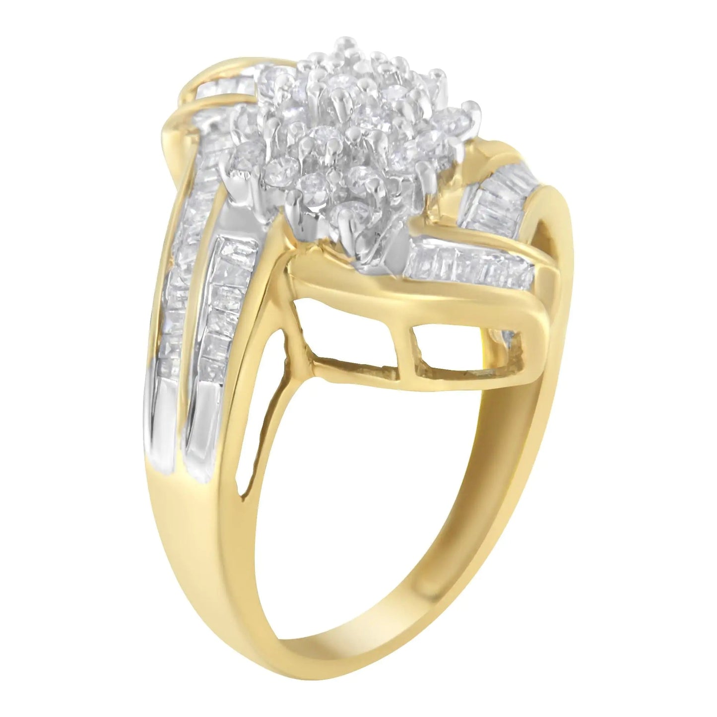 10K Yellow Gold Round and Baguette - Cut Diamond Bypass Cluster Ring (1.0 Cttw, I - J Color, I1 - I2 Clarity) - Jaazi Intl