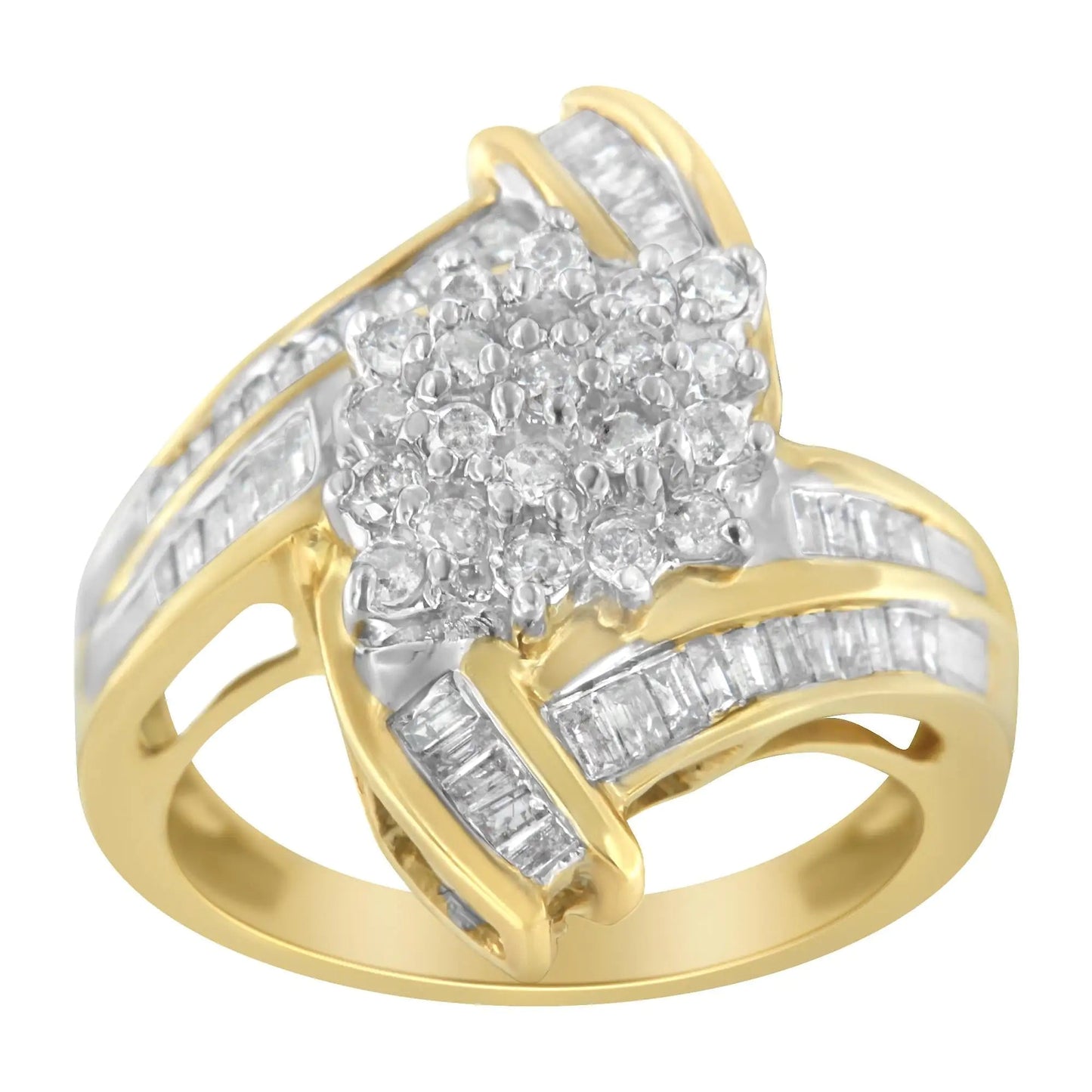 10K Yellow Gold Round and Baguette - Cut Diamond Bypass Cluster Ring (1.0 Cttw, I - J Color, I1 - I2 Clarity) - Jaazi Intl