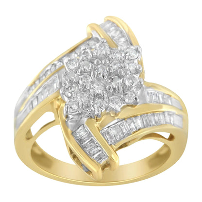 10K Yellow Gold Round and Baguette - Cut Diamond Bypass Cluster Ring (1.0 Cttw, I - J Color, I1 - I2 Clarity) - Jaazi Intl