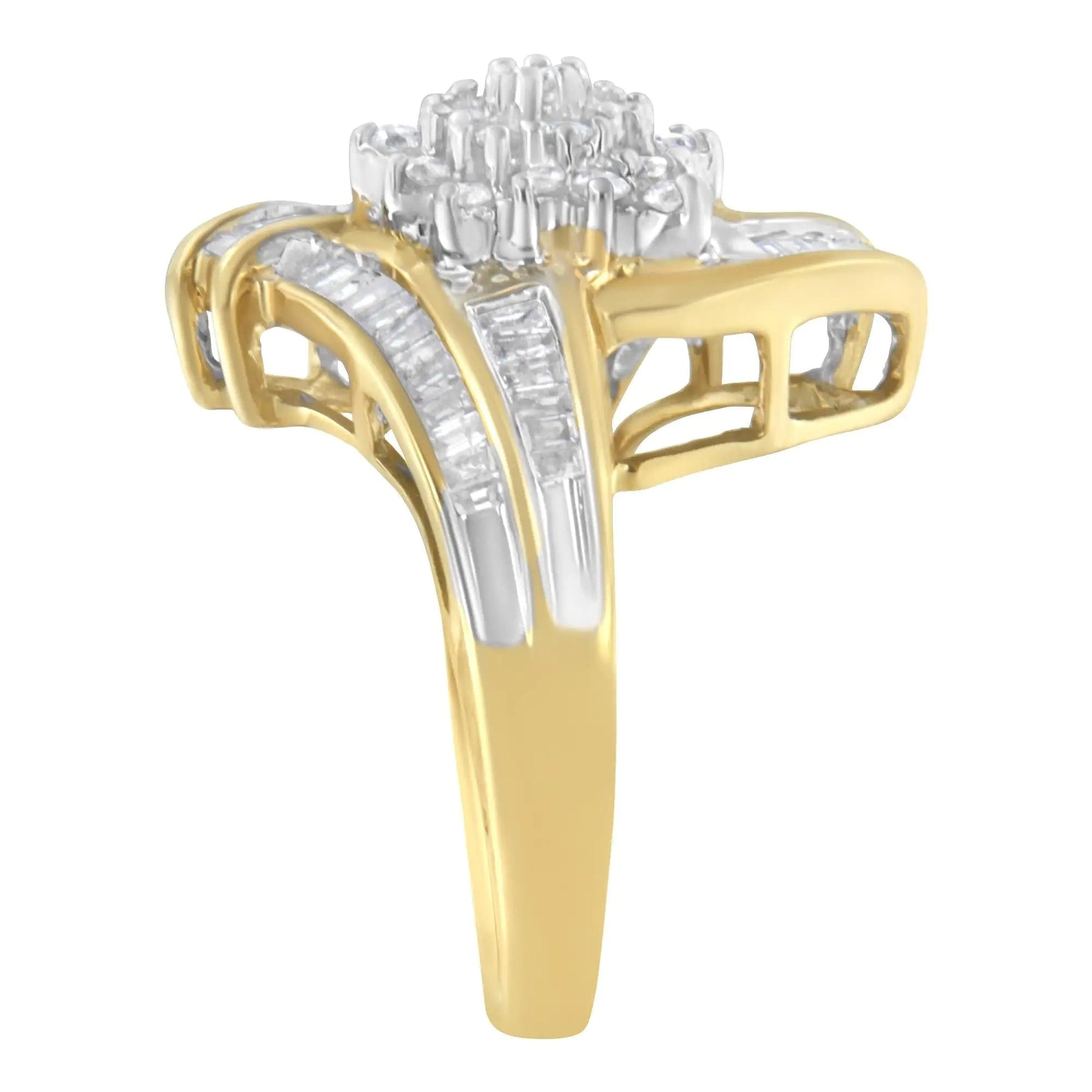 10K Yellow Gold Round and Baguette - Cut Diamond Bypass Cluster Ring (1.0 Cttw, I - J Color, I1 - I2 Clarity) - Jaazi Intl