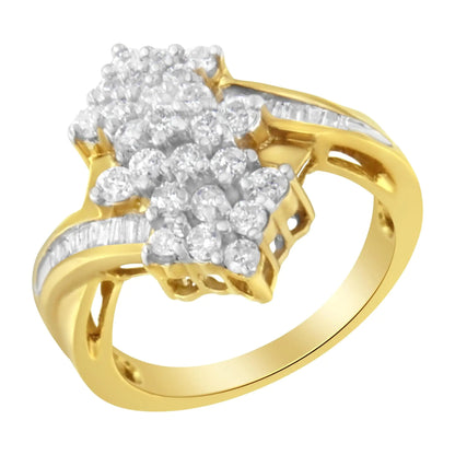 10K Yellow Gold Round And Baguette Cut Diamond Cluster Ring (1 1/10 Cttw, H - I Color, SI2 - I1 Clarity) - Jaazi Intl