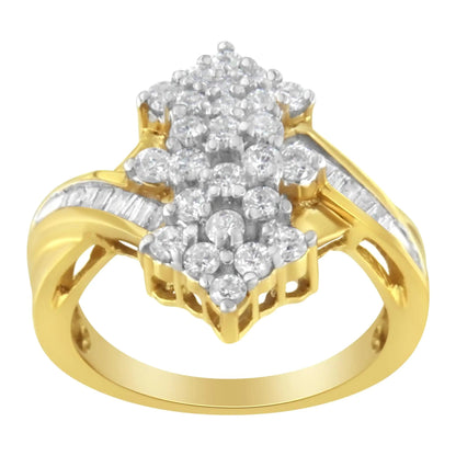 10K Yellow Gold Round And Baguette Cut Diamond Cluster Ring (1 1/10 Cttw, H - I Color, SI2 - I1 Clarity) - Jaazi Intl