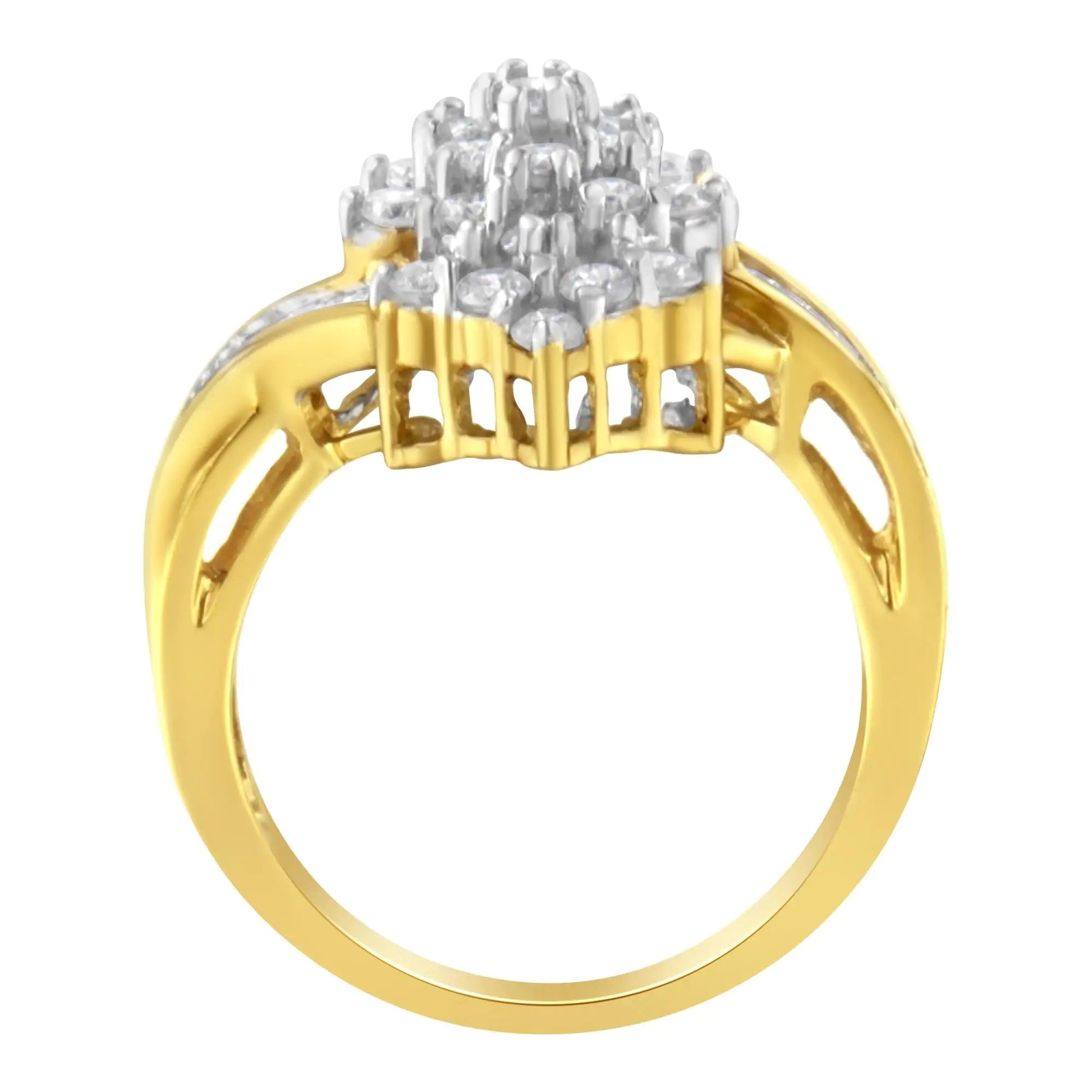 10K Yellow Gold Round And Baguette Cut Diamond Cluster Ring (1 1/10 Cttw, H - I Color, SI2 - I1 Clarity) - Jaazi Intl