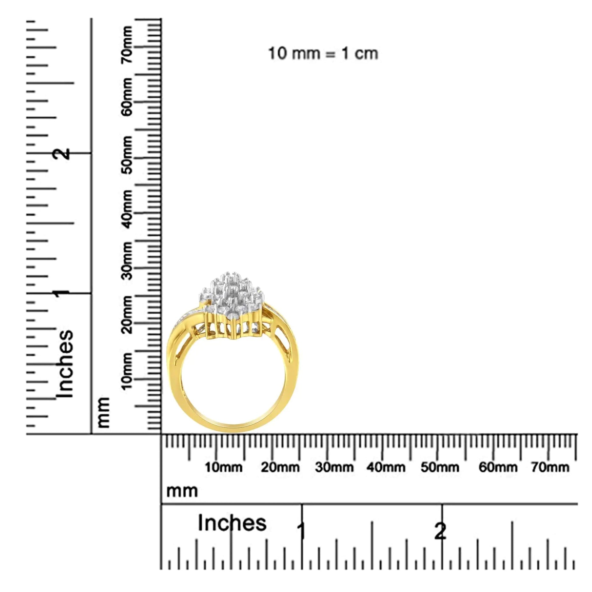 10K Yellow Gold Round And Baguette Cut Diamond Cluster Ring (1 1/10 Cttw, H - I Color, SI2 - I1 Clarity) - Jaazi Intl