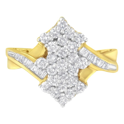 10K Yellow Gold Round And Baguette Cut Diamond Cluster Ring (1 1/10 Cttw, H - I Color, SI2 - I1 Clarity) - Jaazi Intl