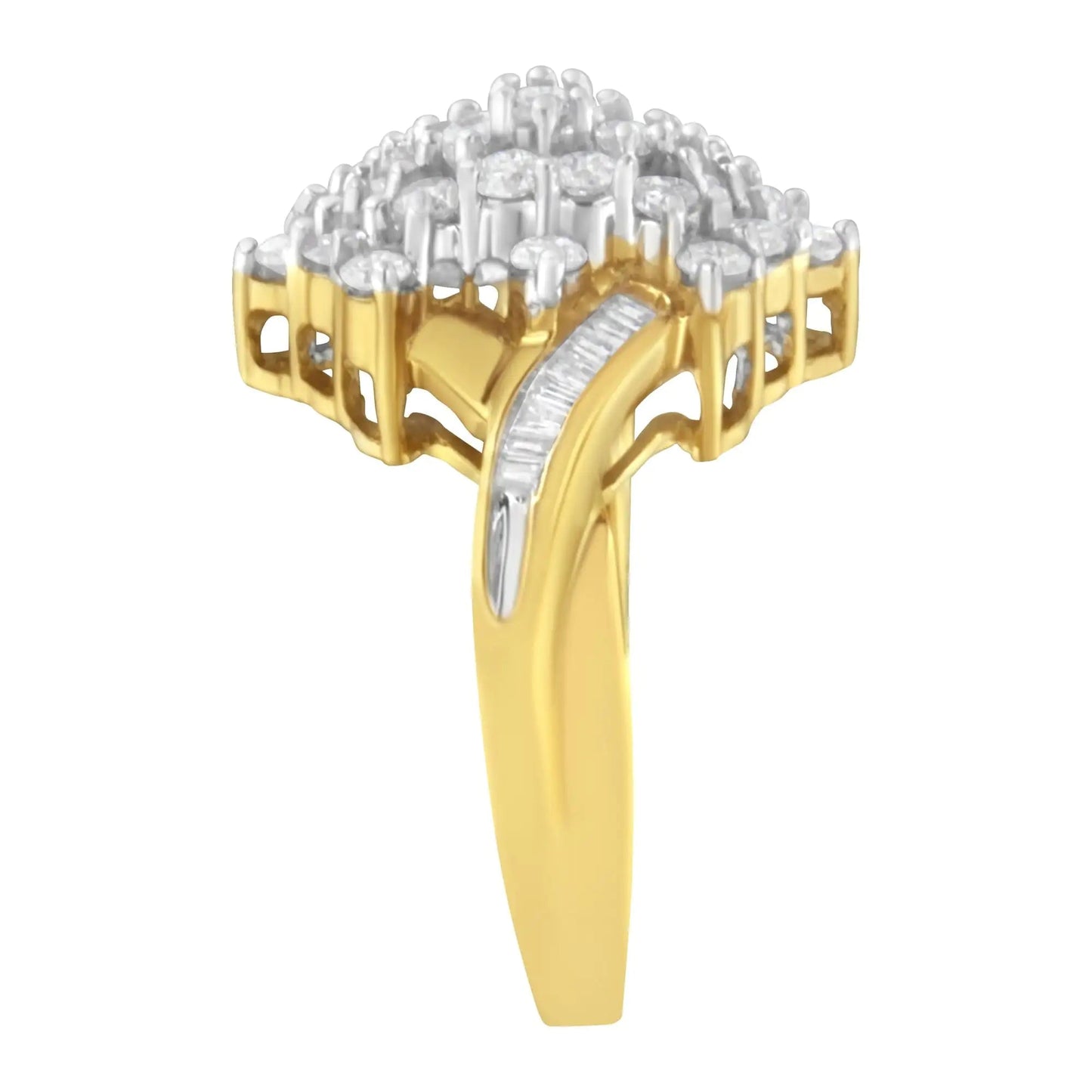 10K Yellow Gold Round And Baguette Cut Diamond Cluster Ring (1 1/10 Cttw, H - I Color, SI2 - I1 Clarity) - Jaazi Intl