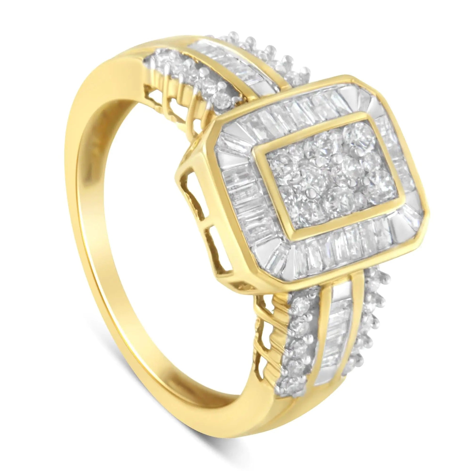 10K Yellow Gold Round and Baguette - Cut Diamond Cocktail Ring (1.0 Cttw, H - I Color, SI2 - I1 Clarity) - Jaazi Intl