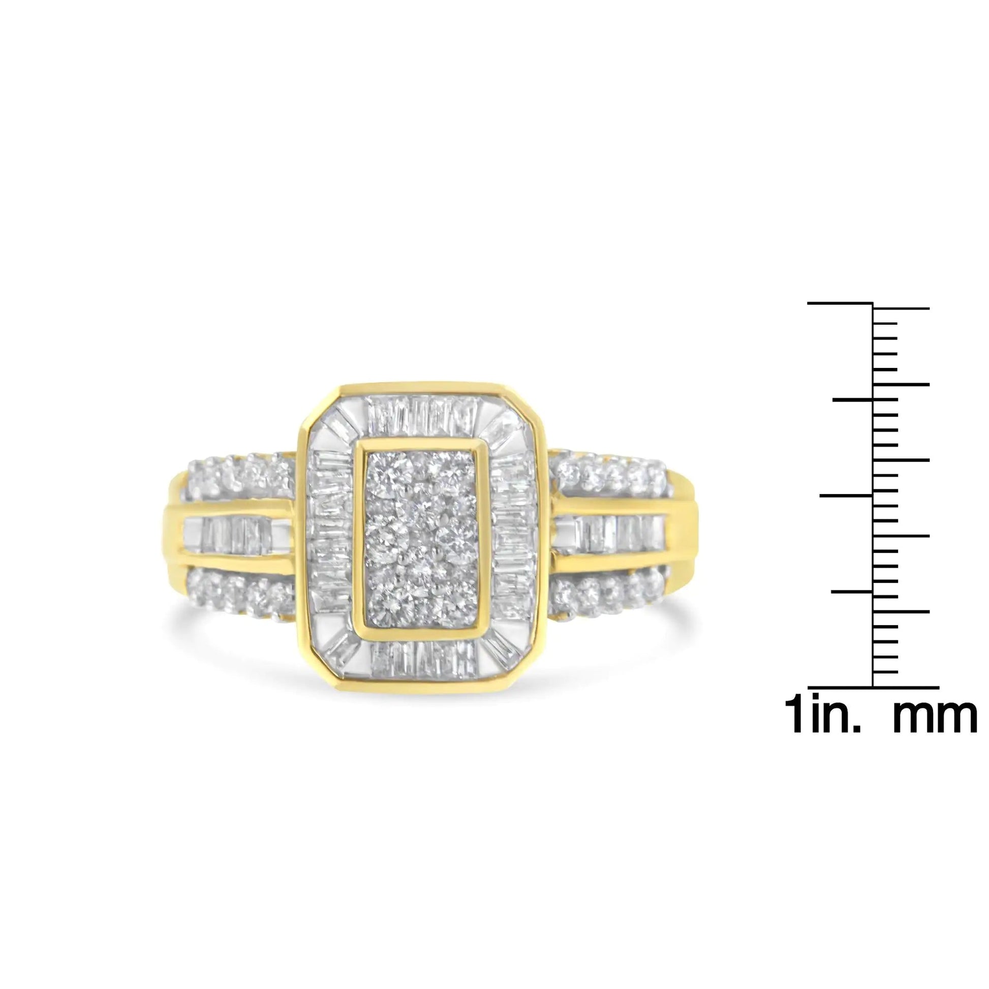 10K Yellow Gold Round and Baguette - Cut Diamond Cocktail Ring (1.0 Cttw, H - I Color, SI2 - I1 Clarity) - Jaazi Intl