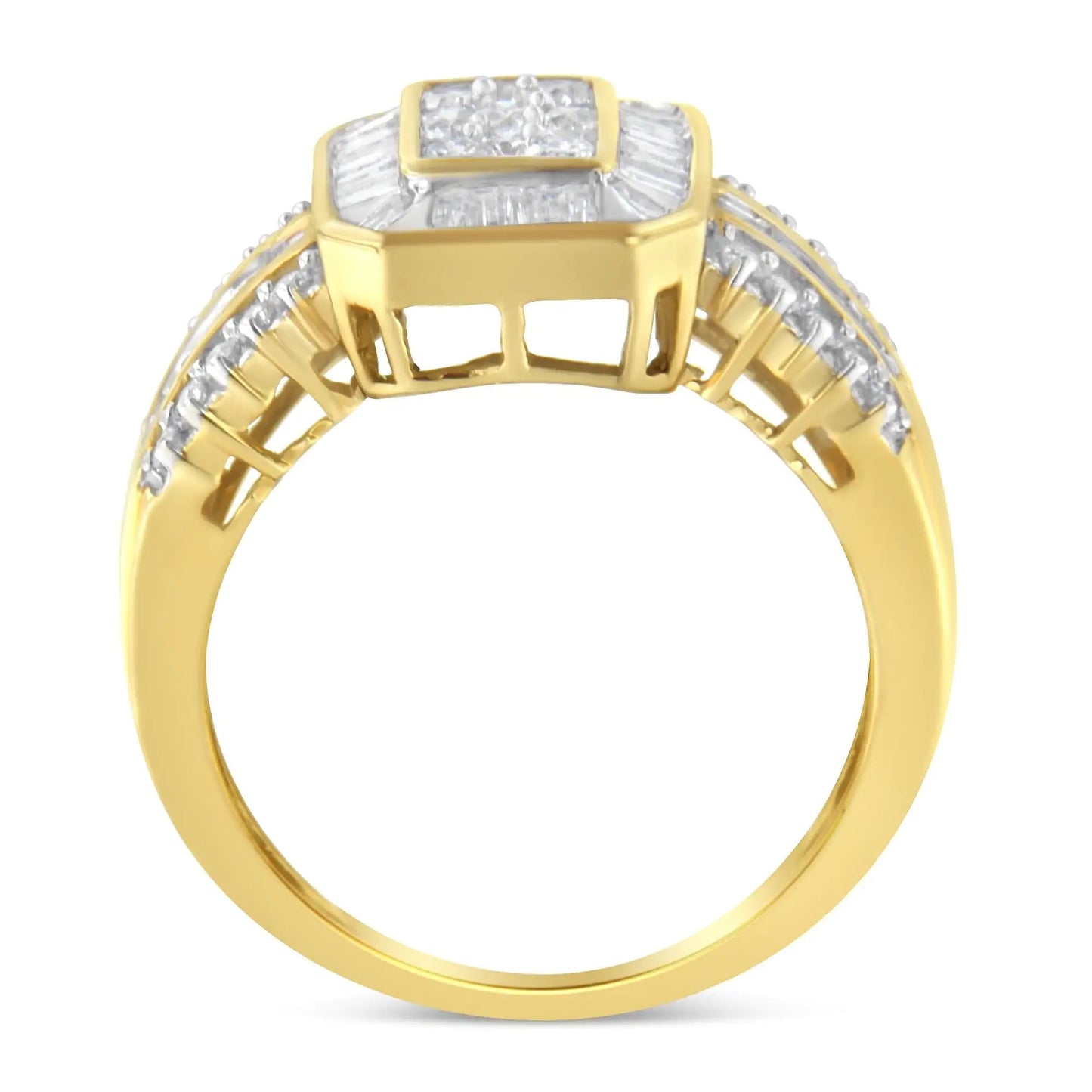 10K Yellow Gold Round and Baguette - Cut Diamond Cocktail Ring (1.0 Cttw, H - I Color, SI2 - I1 Clarity) - Jaazi Intl