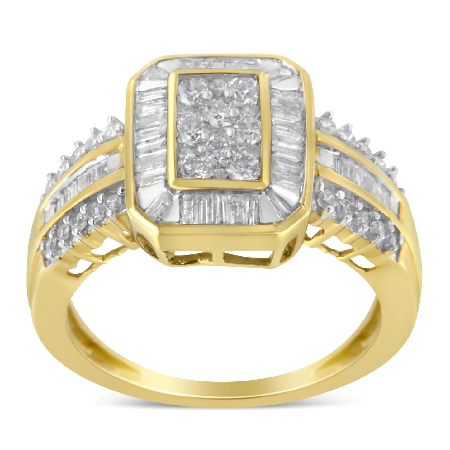 10K Yellow Gold Round and Baguette - Cut Diamond Cocktail Ring (1.0 Cttw, H - I Color, SI2 - I1 Clarity) - Jaazi Intl