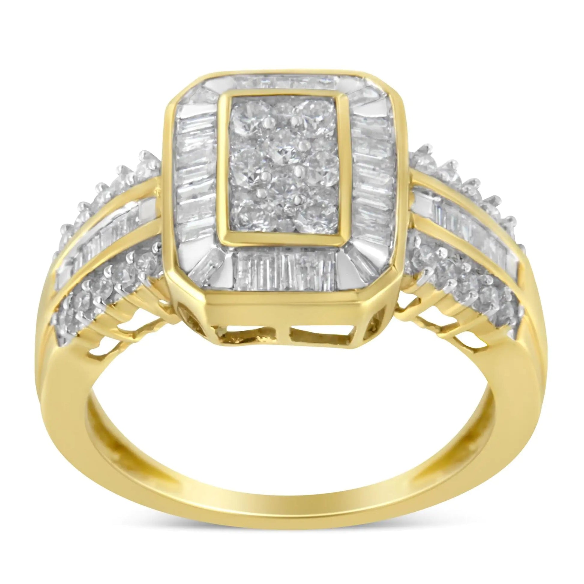 10K Yellow Gold Round and Baguette - Cut Diamond Cocktail Ring (1.0 Cttw, H - I Color, SI2 - I1 Clarity) - Jaazi Intl