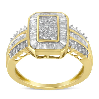 10K Yellow Gold Round and Baguette - Cut Diamond Cocktail Ring (1.0 Cttw, H - I Color, SI2 - I1 Clarity) - Jaazi Intl