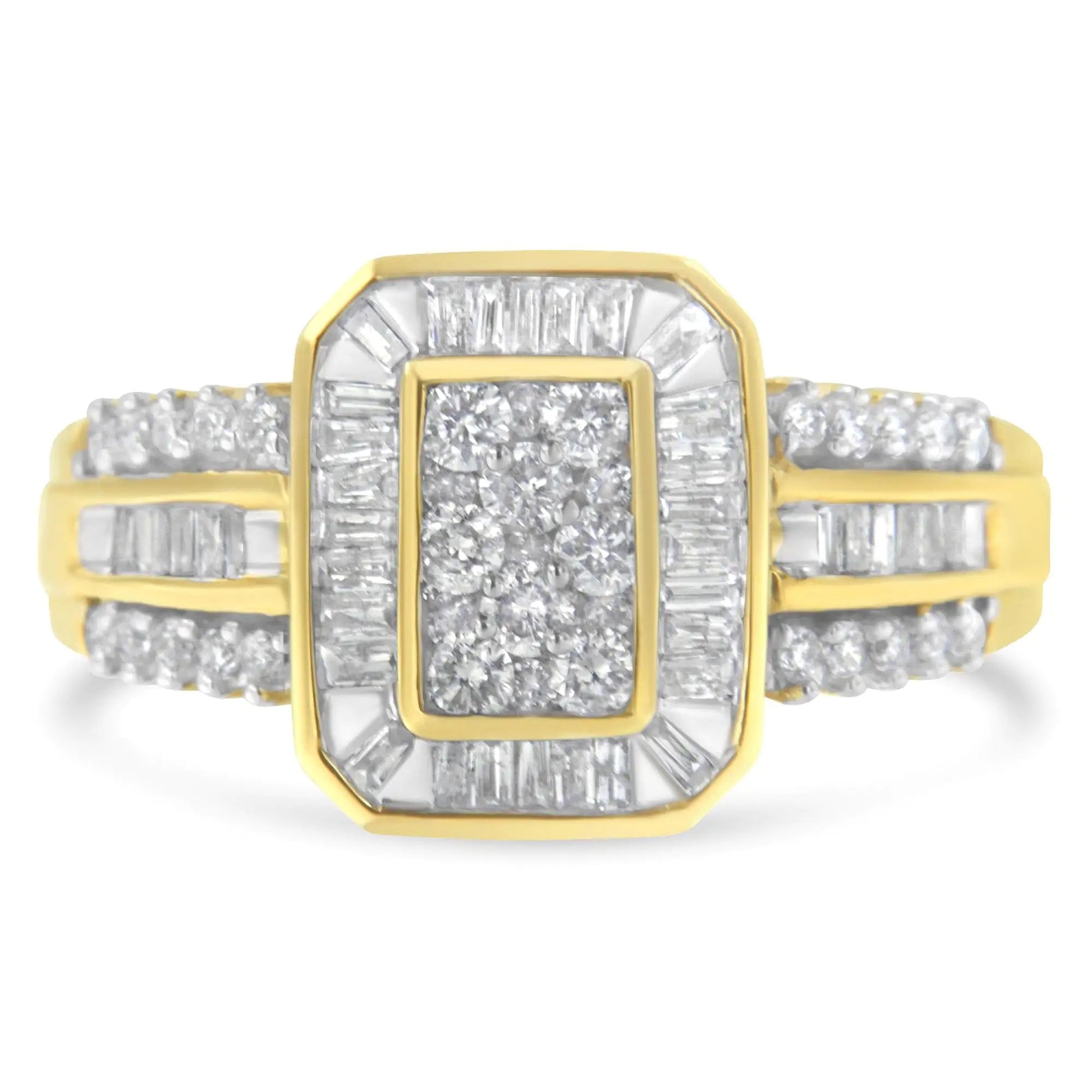 10K Yellow Gold Round and Baguette - Cut Diamond Cocktail Ring (1.0 Cttw, H - I Color, SI2 - I1 Clarity) - Jaazi Intl