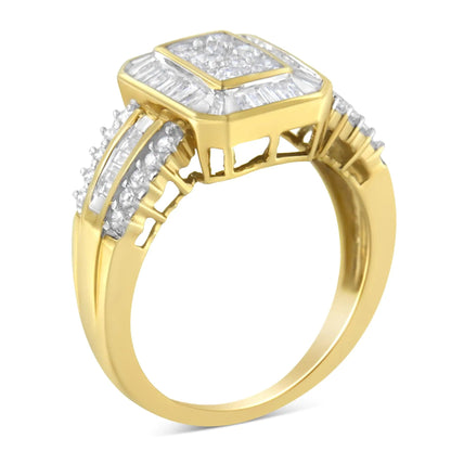 10K Yellow Gold Round and Baguette - Cut Diamond Cocktail Ring (1.0 Cttw, H - I Color, SI2 - I1 Clarity) - Jaazi Intl