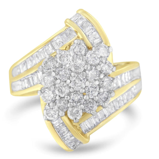 10K Yellow Gold Round and Baguette Diamond Crossover Cluster Ring (3 Cttw, I - J Color, I1 - I2 Clarity) - Jaazi International