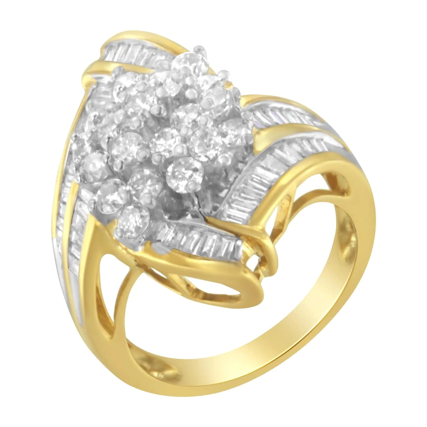 10K Yellow Gold Round and Baguette Diamond Swirl Ring (2.0 Cttw, J - K Color, I2 Clarity) - Jaazi Intl