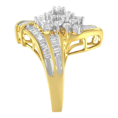 10K Yellow Gold Round and Baguette Diamond Swirl Ring (2.0 Cttw, J - K Color, I2 Clarity) - Jaazi Intl