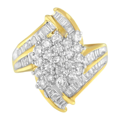 10K Yellow Gold Round and Baguette Diamond Swirl Ring (2.0 Cttw, J - K Color, I2 Clarity) - Jaazi Intl