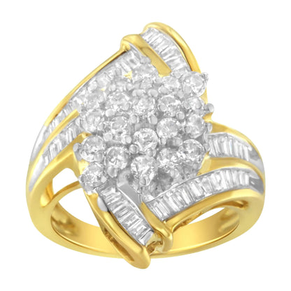 10K Yellow Gold Round and Baguette Diamond Swirl Ring (2.0 Cttw, J - K Color, I2 Clarity) - Jaazi Intl