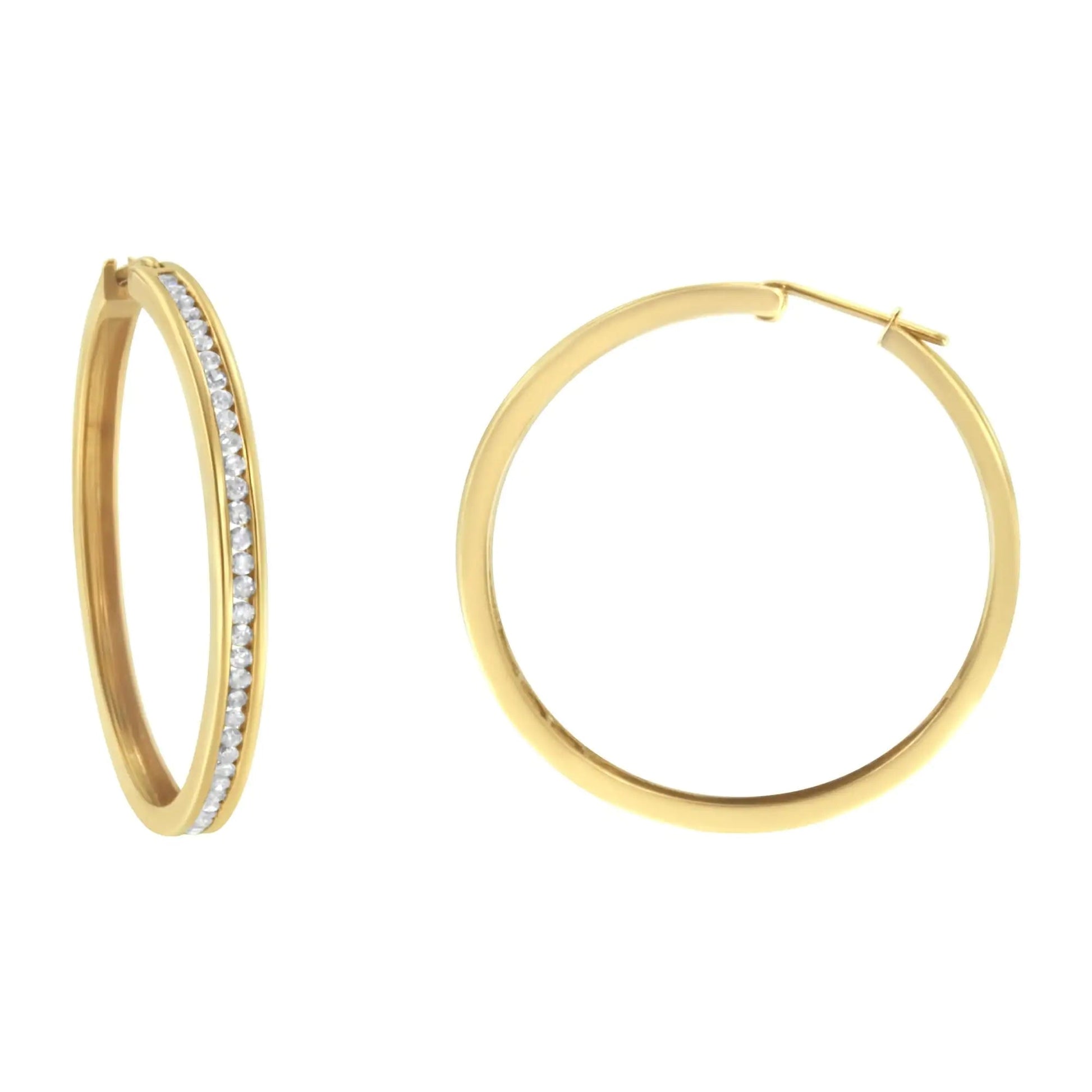 10KT Yellow Gold 1 cttw Slim Diamond Hoop Earrings (I - J Color, I1 - I2 Clarity) - Jaazi Intl