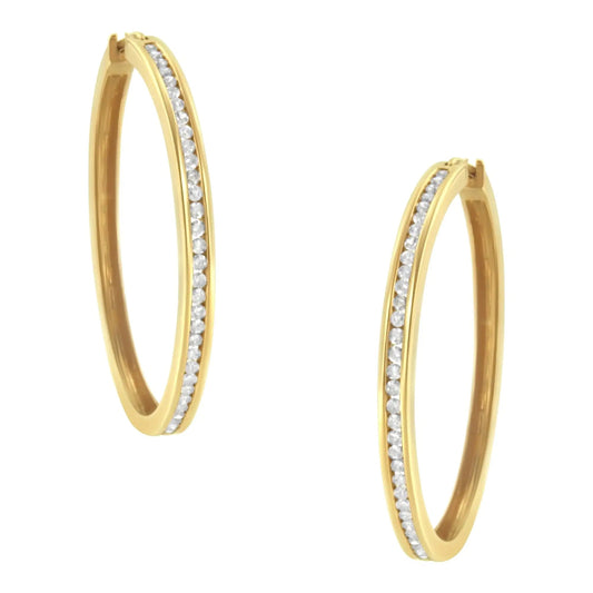 10KT Yellow Gold 1 cttw Slim Diamond Hoop Earrings (I - J Color, I1 - I2 Clarity) - Jaazi Intl