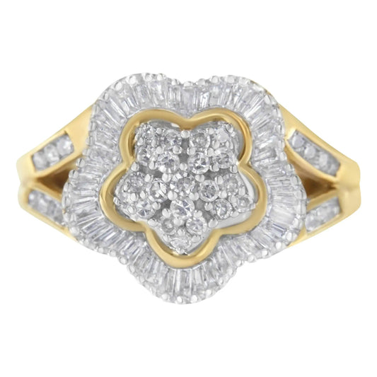 10KT Yellow Gold Round and Baguette Cut Diamond Ballerina Ring (1 cttw, I - J Color, SI1 - SI2 Clarity) - Jaazi International