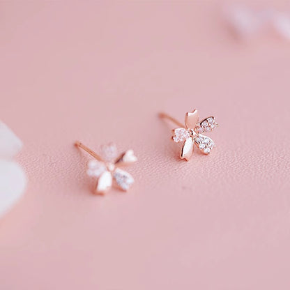 Mini diamond encrusted cherry blossom small stud earrings for women sweet sterling silver needles rose gold plated flowers