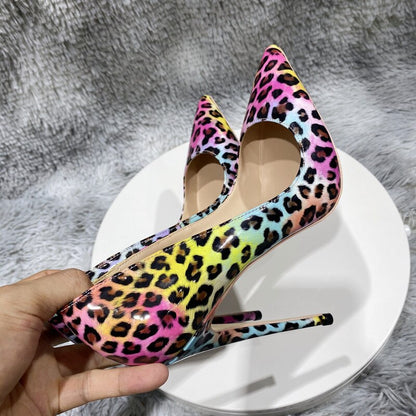 Tikicup Pink Leopard Glossy Print Women Pointy Toe High Heel Shoes for Party Sexy Comfortable Stiletto Pumps 8cm 10cm 12cm