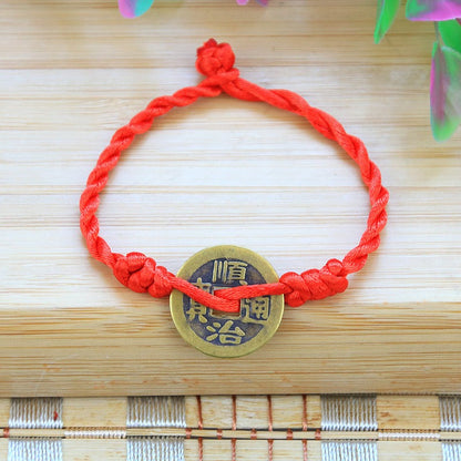 Bracelet en corde rouge Bunbun tissé à la main, pièce de monnaie en cuivre