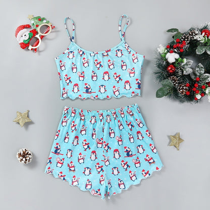 Christmas European And American Thin Pajamas Women's Sleeveless Shorts Milk Silk Simple Casual Two-piece Suit Homewear