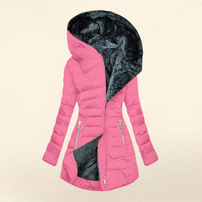 Women's Plush Hooded Mid-length Oblique Zipper Cotton-padded Coat