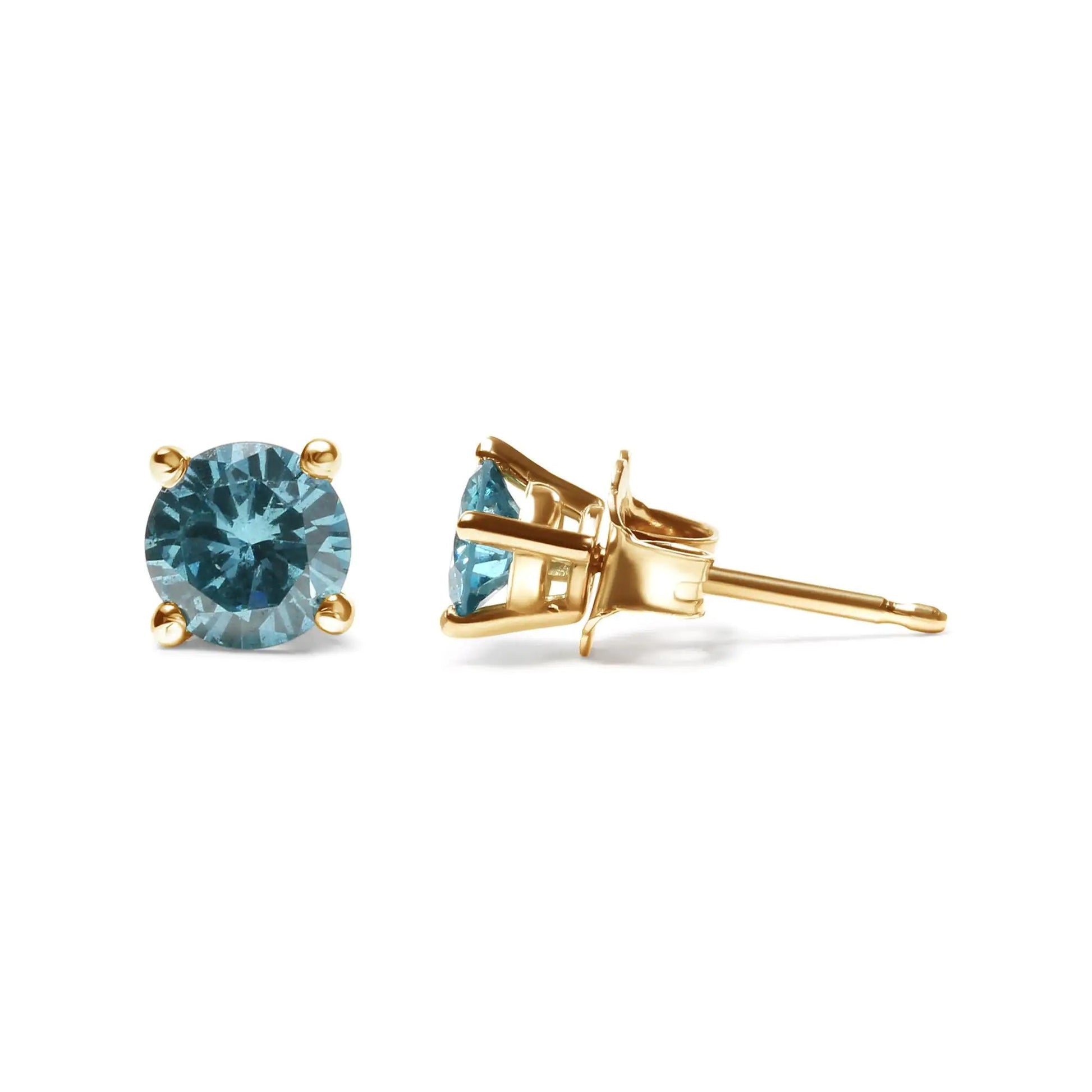 14K Gold 1/2 Cttw Aqua Blue Diamond Screw - Back 4 - Prong Classic Stud Earrings (Color Treated, I2 - I3) - Jaazi Intl