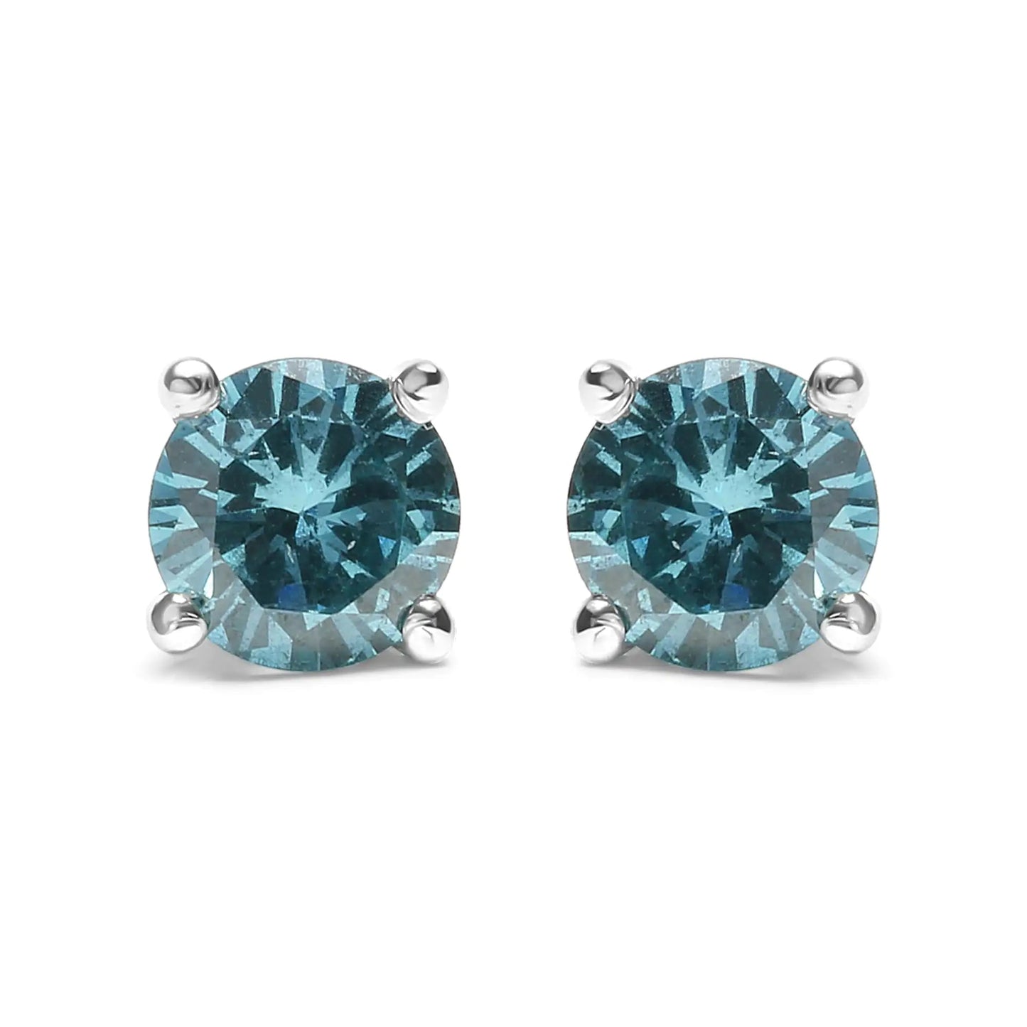 14K Gold 1/2 Cttw Aqua Blue Diamond Screw - Back 4 - Prong Classic Stud Earrings (Color Treated, I2 - I3) - Jaazi Intl