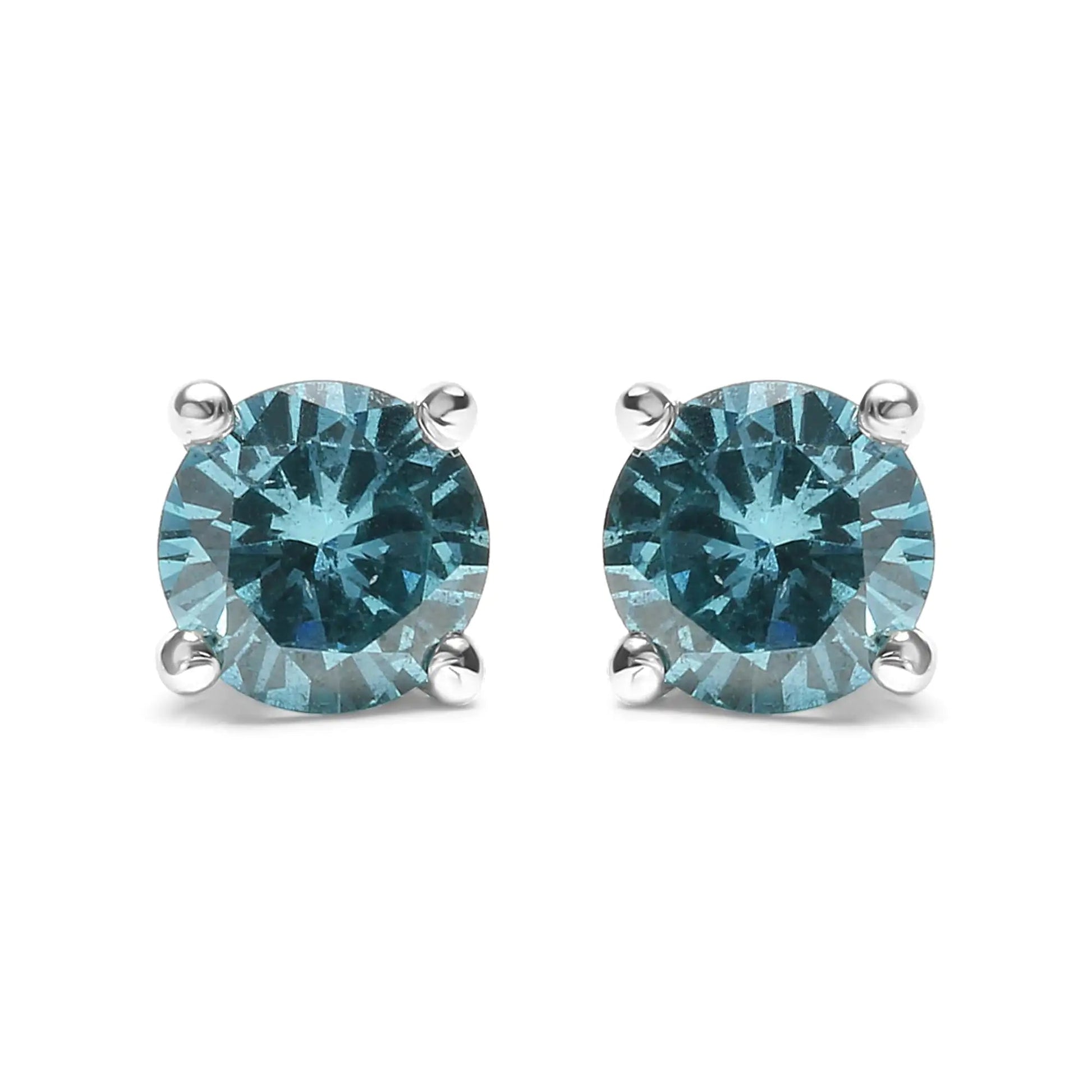 14K Gold 1/2 Cttw Aqua Blue Diamond Screw - Back 4 - Prong Classic Stud Earrings (Color Treated, I2 - I3) - Jaazi Intl