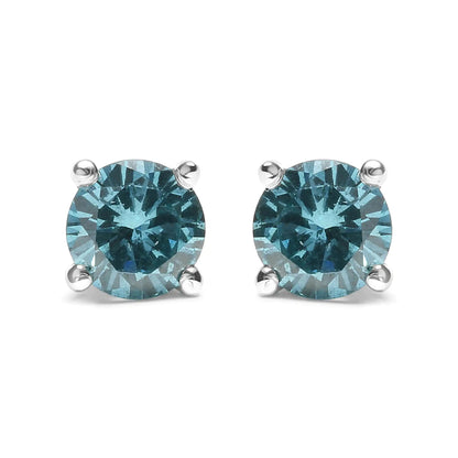 14K Gold 1/2 Cttw Aqua Blue Diamond Screw - Back 4 - Prong Classic Stud Earrings (Color Treated, I2 - I3) - Jaazi Intl