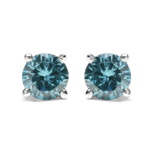 14K Gold 1/2 Cttw Aqua Blue Diamond Screw - Back 4 - Prong Classic Stud Earrings (Color Treated, I2 - I3) - Jaazi Intl