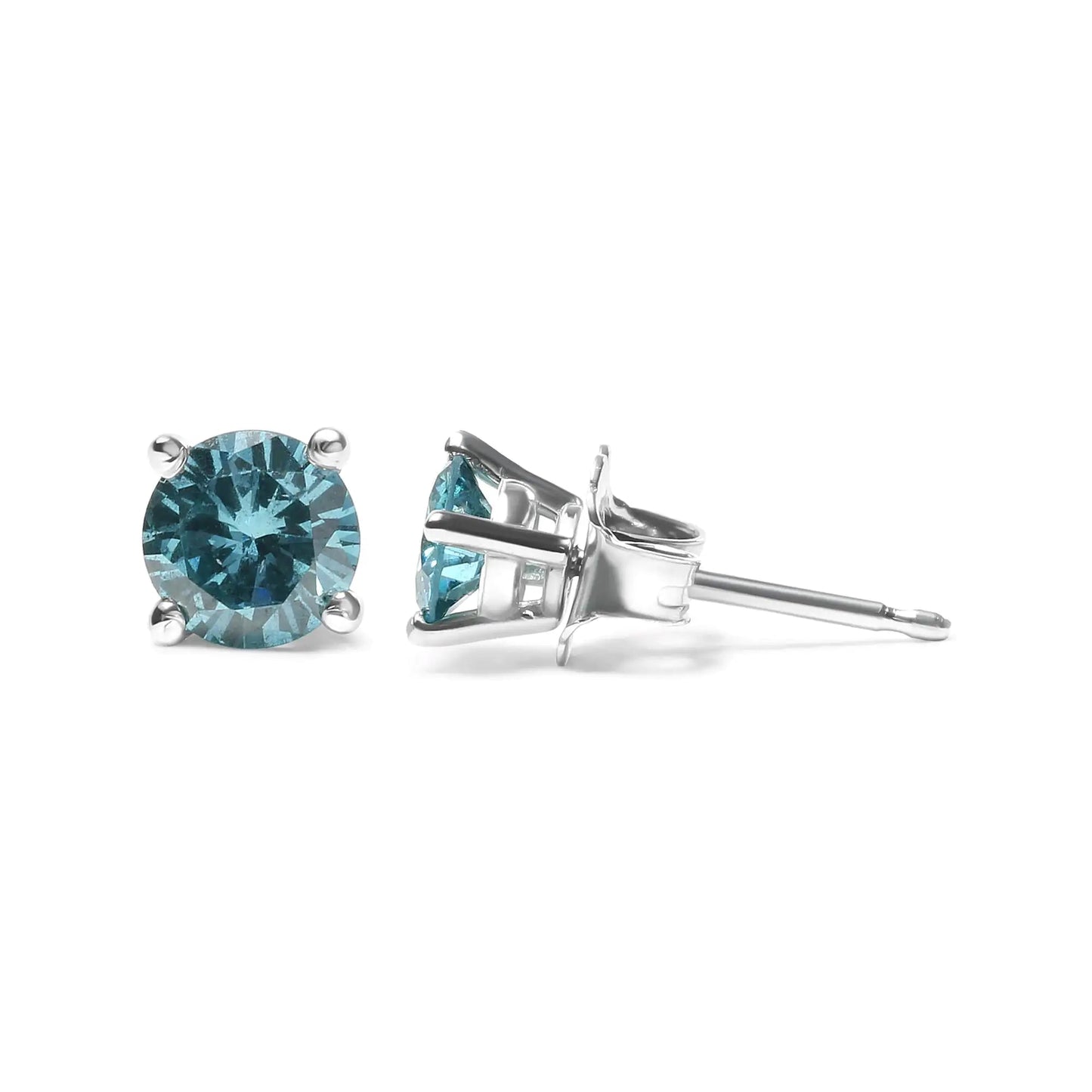 14K Gold 1/2 Cttw Aqua Blue Diamond Screw - Back 4 - Prong Classic Stud Earrings (Color Treated, I2 - I3) - Jaazi Intl